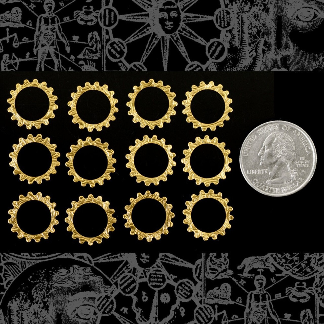 16mm Open Floral Patterned Etched Steampunk Raw Brass Wheels Gears Charms - Set of Twelve - B-PG09